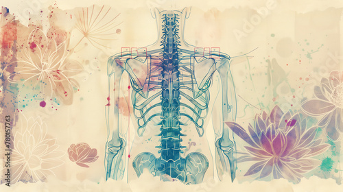 drawing of a human skeleton and colorful flowers on an old textured paper. Wallpaper for a traumatologist, rheumatologist, masseuse or physiotherapist with traditional medicine spiritual aesthetics © Domingo