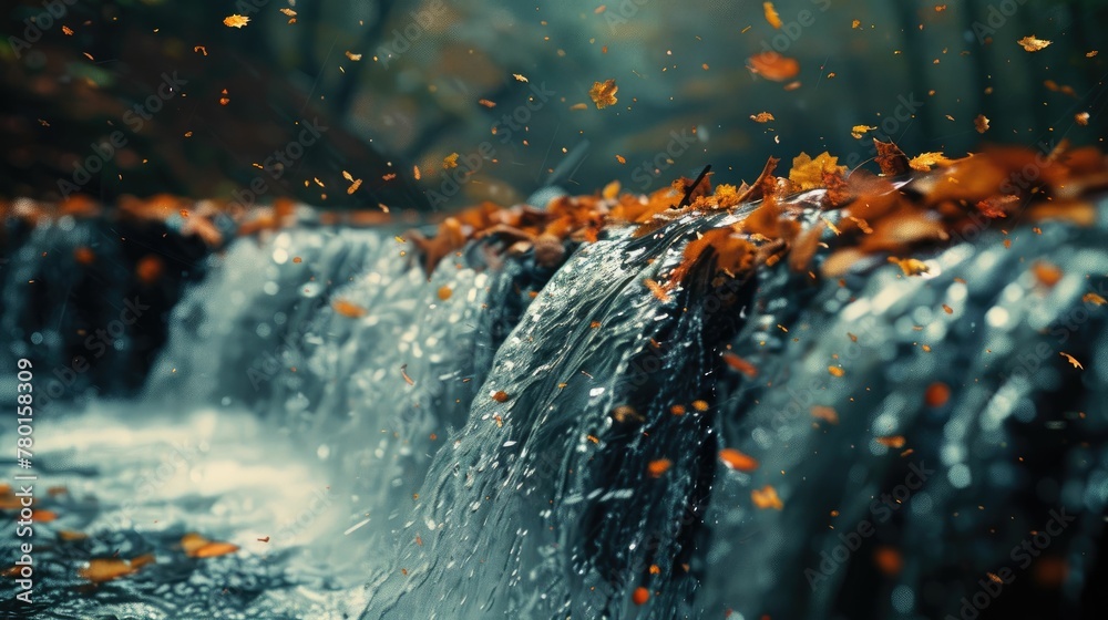 Autumn leaves cascade with water over a small waterfall, capturing the essence of fall with vibrant colors and dynamic water movement. - obrazy, fototapety, plakaty 