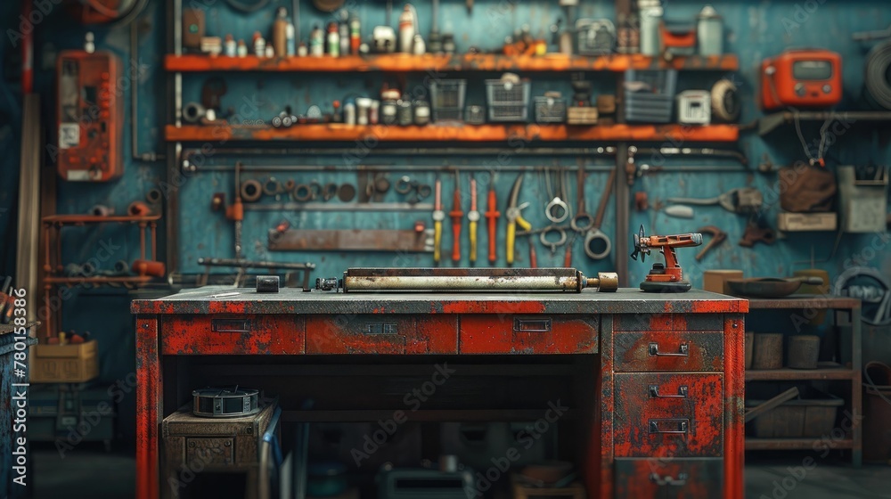 Vintage workshop with an organized tool board above a well-used red workbench, featuring various tool