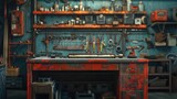 Vintage workshop with an organized tool board above a well-used red workbench, featuring various tool