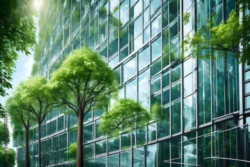 Experience the evolution of urban architecture towards sustainability, embodied by this state-of-the-art glass office building. Trees lining the exterior not only enhance the building's aesthetics but photo