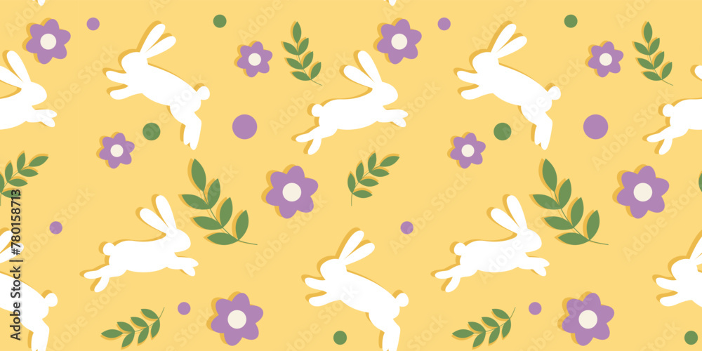 Seamless Easter pattern with illustrations of flowers and bunnies on a yellow background.