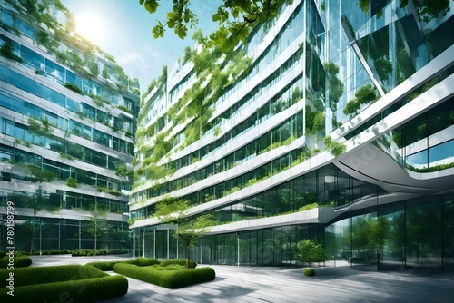 Witness the innovative design of a modern corporate building featuring sustainable glass construction and a lush green environment. Trees strategically placed around the office complex contribute to r photo