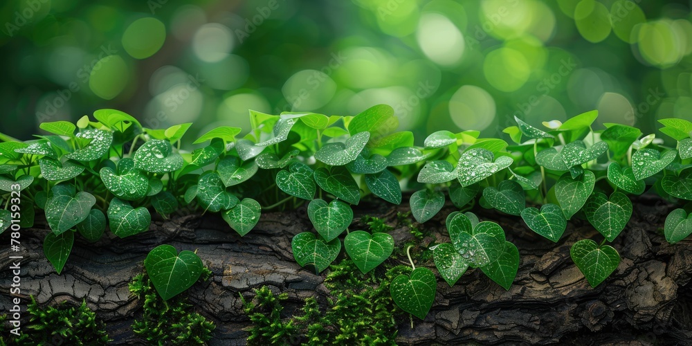 Lush green ivy leaves with water droplets on a textured wooden surface ...