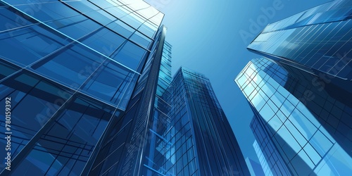 Low-angle view of modern skyscrapers with reflective glass facades against a clear blue sky, showcasing contemporary architecture and urban corporate design.