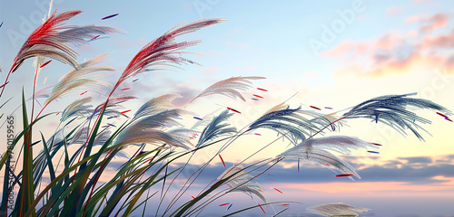 A series of tall, elegant grasses swaying in the wind, their tips dyed in red, white, and blue, against the backdrop of a serene, early morning sky. 32k, full ultra hd, high resolution --ar 2110 --no 