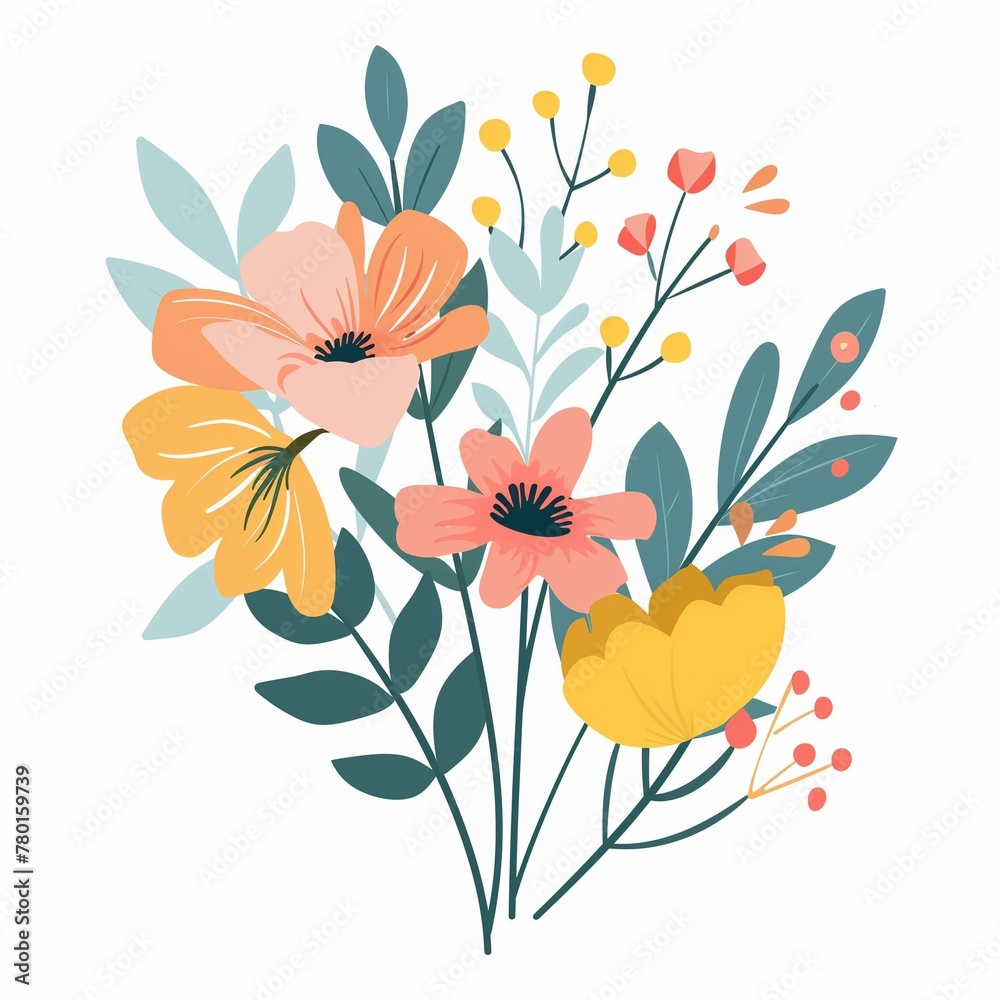 Elegant Floral Illustration with Pastel Blooms and Foliage Design