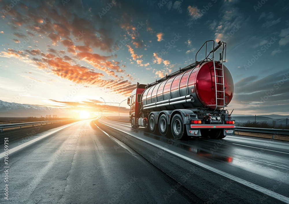 Red Commercial Fuel Tanker Truck on Highway at Sunset, Cargo Transportation Concept Red Commercial Fuel Tanker Truck on Highway at Sunset, Cargo Transportation Concept