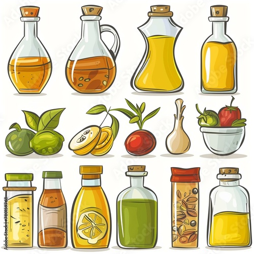 Variety of Colorful Cartoon Cooking Oils and Dressings with Fresh Ingredients