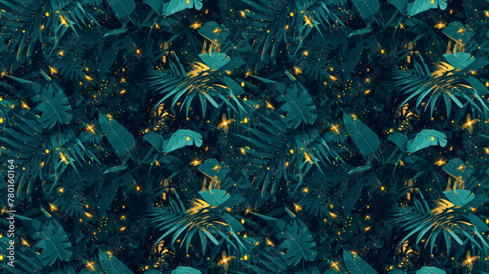 Glowing fireflies in a post-rain jungle, seamless,