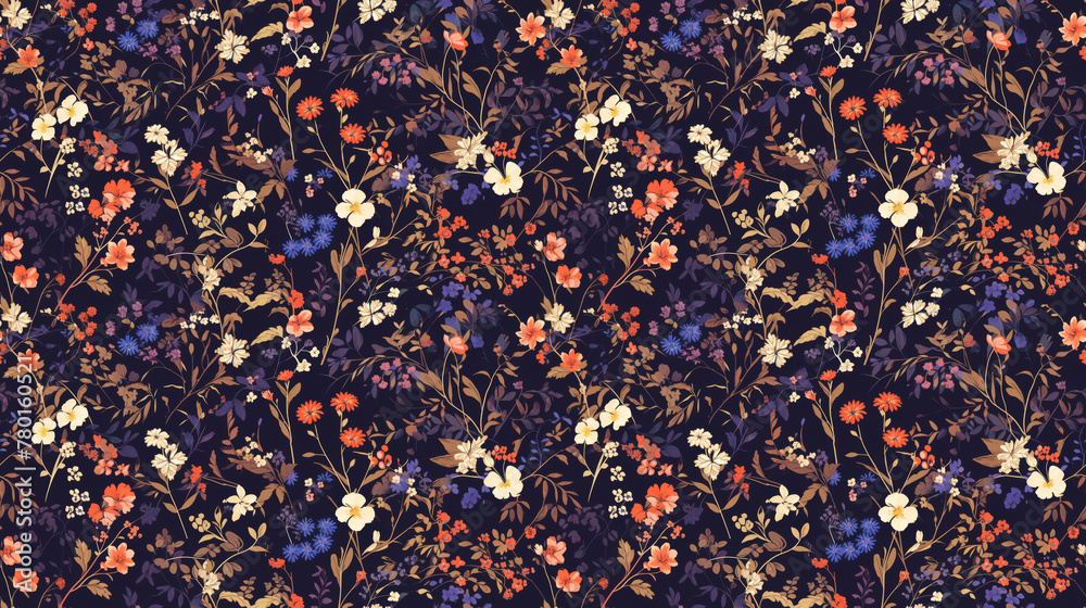 Midnight garden, bright florals glowing against a dark seamless backdrop,