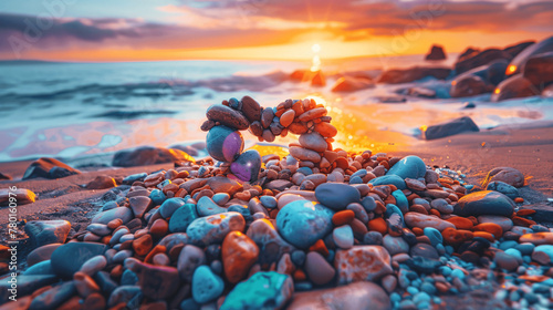 colorful rocks form a heart at sunset on the beach, in the style of realistic depiction of light, made of crystals, bright, bold colors, solarizing master, mesmerizing colorscapes, inspirational, vibr photo