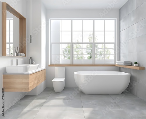 3D rendering of a modern bathroom interior with white walls and gray floor tiles