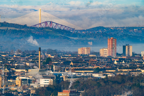 A view of Forth Bridge from Arthur's Seat, a volcanic peak overlooking Edinburgh, Scotland.