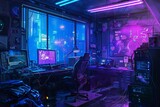 Futuristic Cyberpunk Room in Dystopian New York, Neon-Lit Digital Illustration