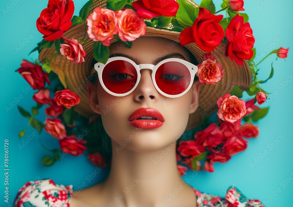 Fototapeta premium Stylish Woman in Floral Hat and Red Sunglasses on Blue Background
