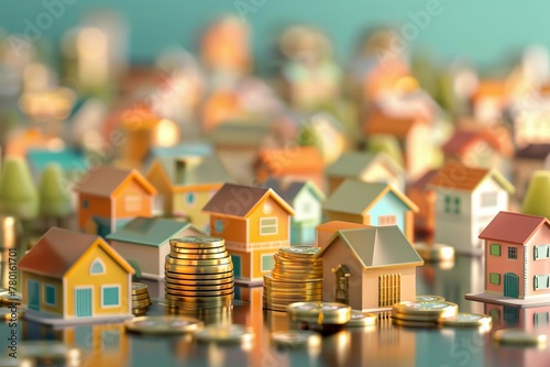 Abundant Houses with Towering Coin Stacks, Property Investment and Passive Income Concept, 3D Illustration © Lucija