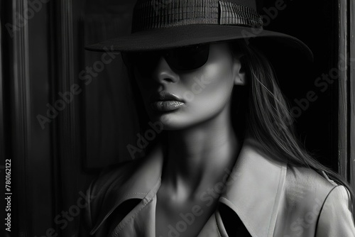 Noir woman private detective in trench coat, fedora hat, investigating mystery case photo