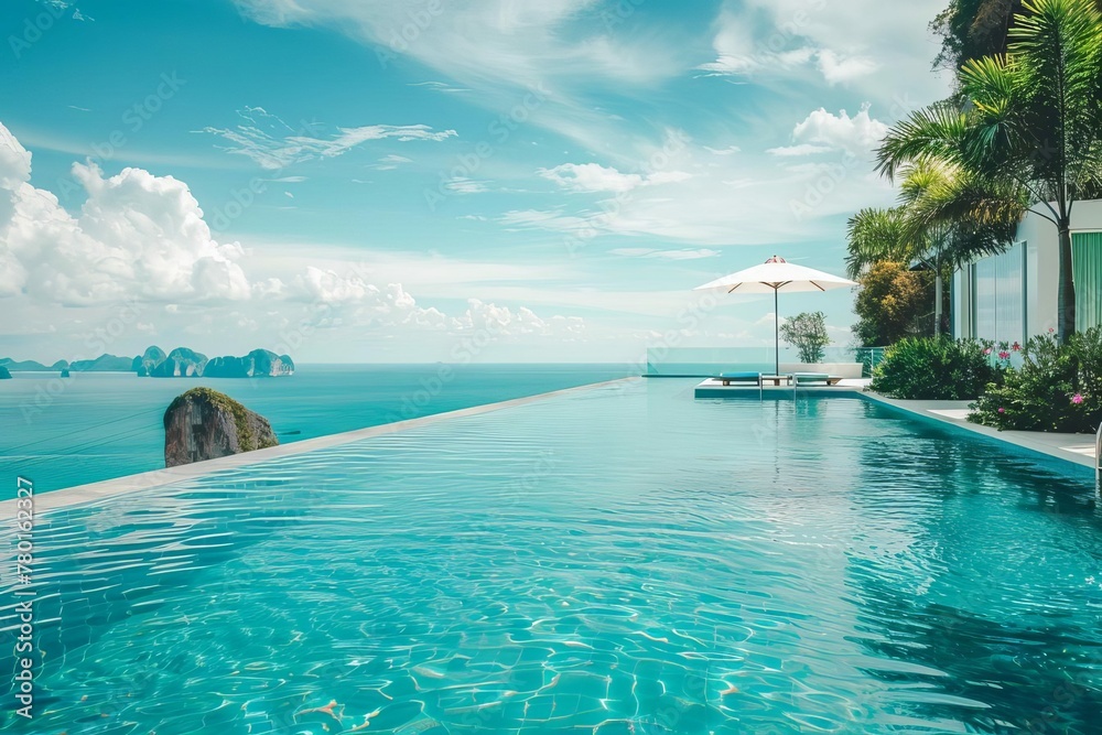 Luxury white beach hotel with infinity pool overlooking turquoise sea, summer vacation