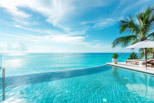 Luxury white beach hotel with infinity pool overlooking turquoise sea, summer vacation