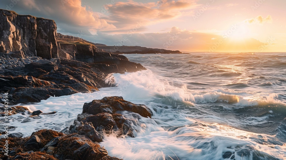 Majestic Sunset View with Waves Crashing on Rocky Shoreline Landscape