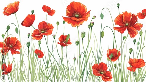 Vibrant Red Poppies Field Illustration  Spring Blooms with Green Leaves Background