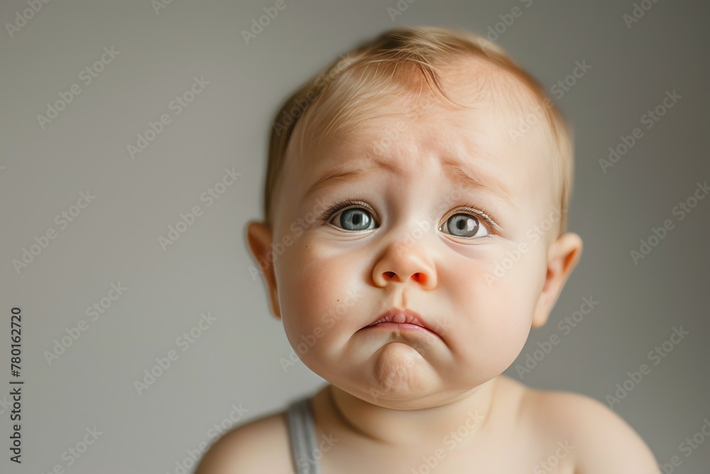 A portrait of a baby with a thoughtful expression. The eyebrows are furrowed and the lips are pursed. The baby is thinking deeply and contemplating. A portrait of a baby with a thoughtful expression. The eyebrows are furrowed and the lips are pursed. The baby is thinking deeply and contemplating.