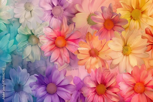 Whimsical watercolor daisies in vibrant rainbow gradient colors, floral background