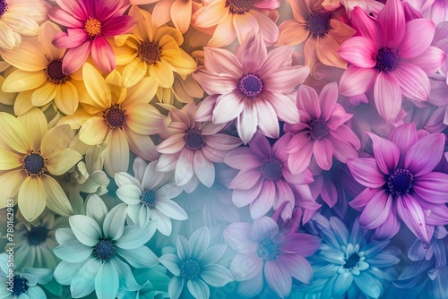 Whimsical watercolor daisies in vibrant rainbow gradient colors, floral background © Lucija