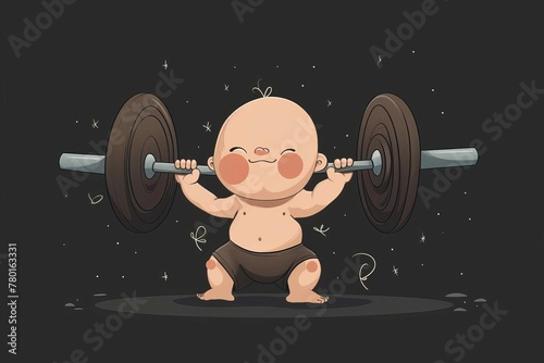 Funny strong baby lifting heavy barbell, humorous fitness concept illustration on dark background