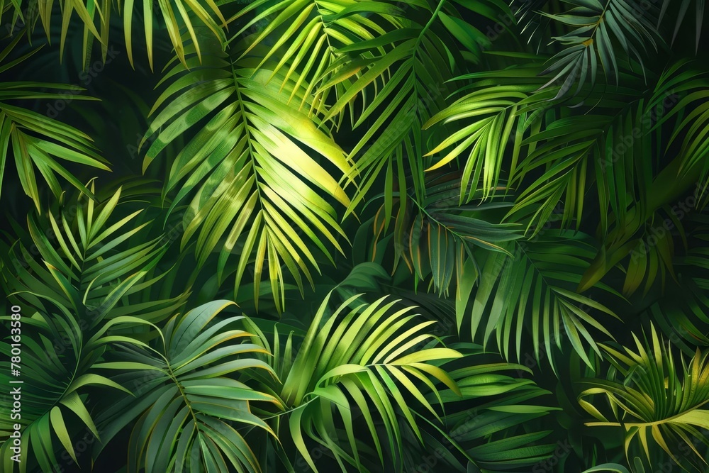Palm leaves tropical background, lush green foliage illustration with vibrant colors and intricate details