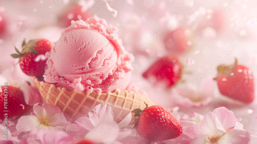 A scoop of strawberry ice cream in a waffle cone, surrounded by fresh strawberries and scattered petals, captures a sense of indulgence and springtime freshness.