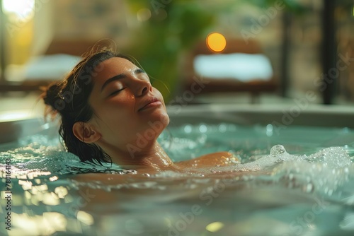 Woman Relaxing in Spa Jacuzzi with Eyes Closed  Health and Wellbeing Concept