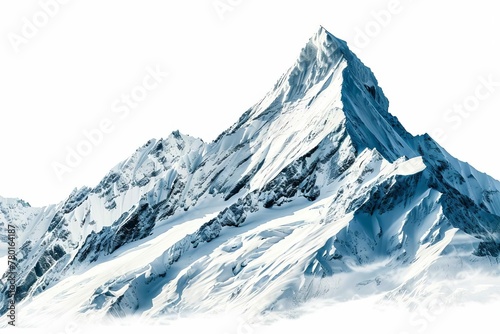 Isolated Snow-Capped Mountain Peak on White Background, Majestic Winter Landscape