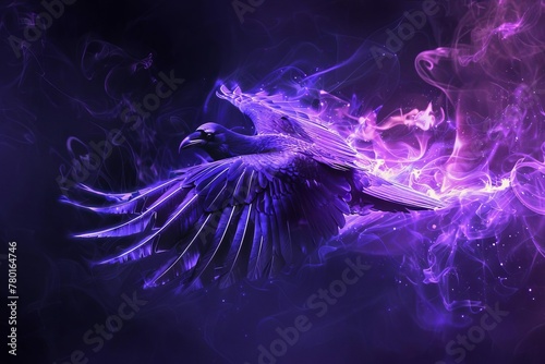 Black raven flying with glowing wings and purple smoke, fantasy evil bird illustration © Lucija