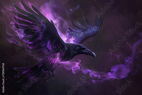 Black raven flying with glowing wings and purple smoke, fantasy evil bird illustration