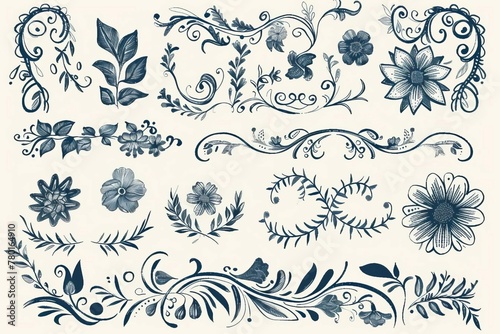 Hand-drawn design elements collection with floral frames, corners, dividers, borders and swirls
