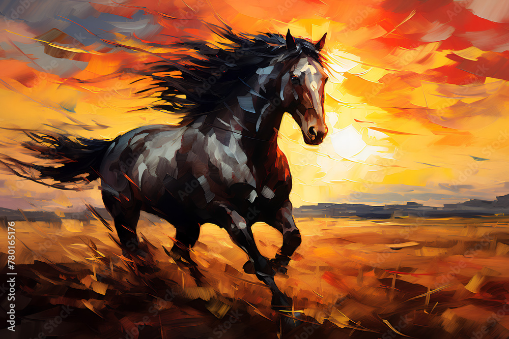 The mustang at sunset jumps on the prairie. Oil painting in impressionism style. Horizontal composition. - obrazy, fototapety, plakaty 