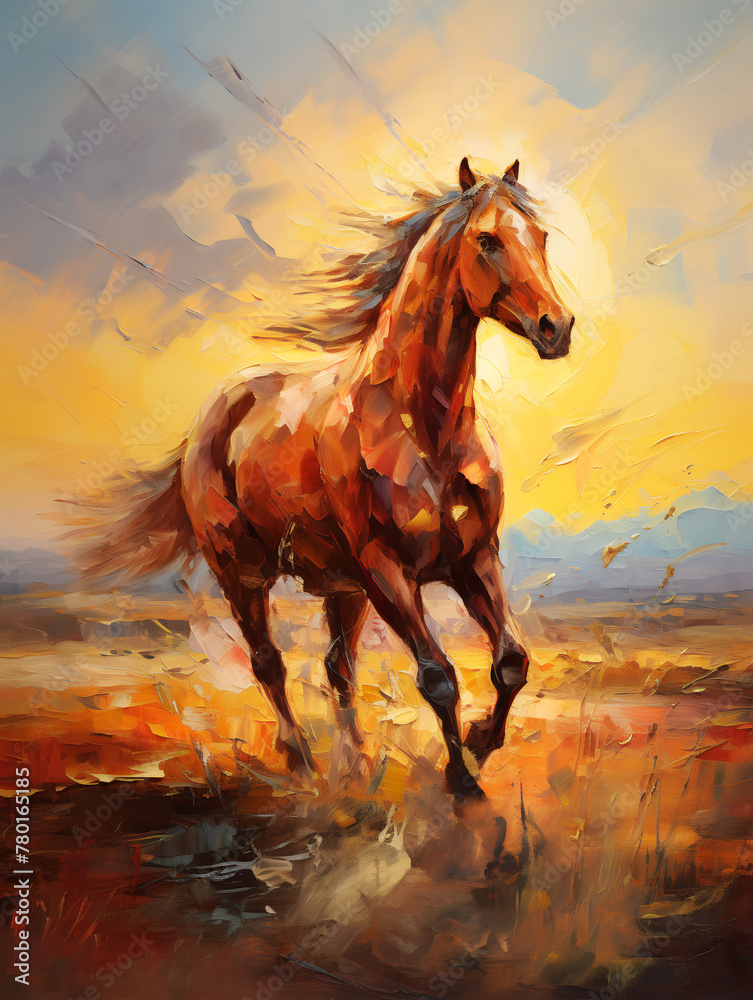 The mustang at sunset jumps on the prairie. Oil painting in impressionism style. Vertical composition. - obrazy, fototapety, plakaty 