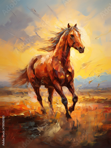 The mustang at sunset jumps on the prairie. Oil painting in impressionism style. Vertical composition.
