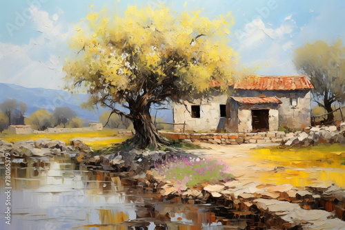 Ancient Greece. Spring landscape. Oil painting in impressionism style. Horizontal composition.