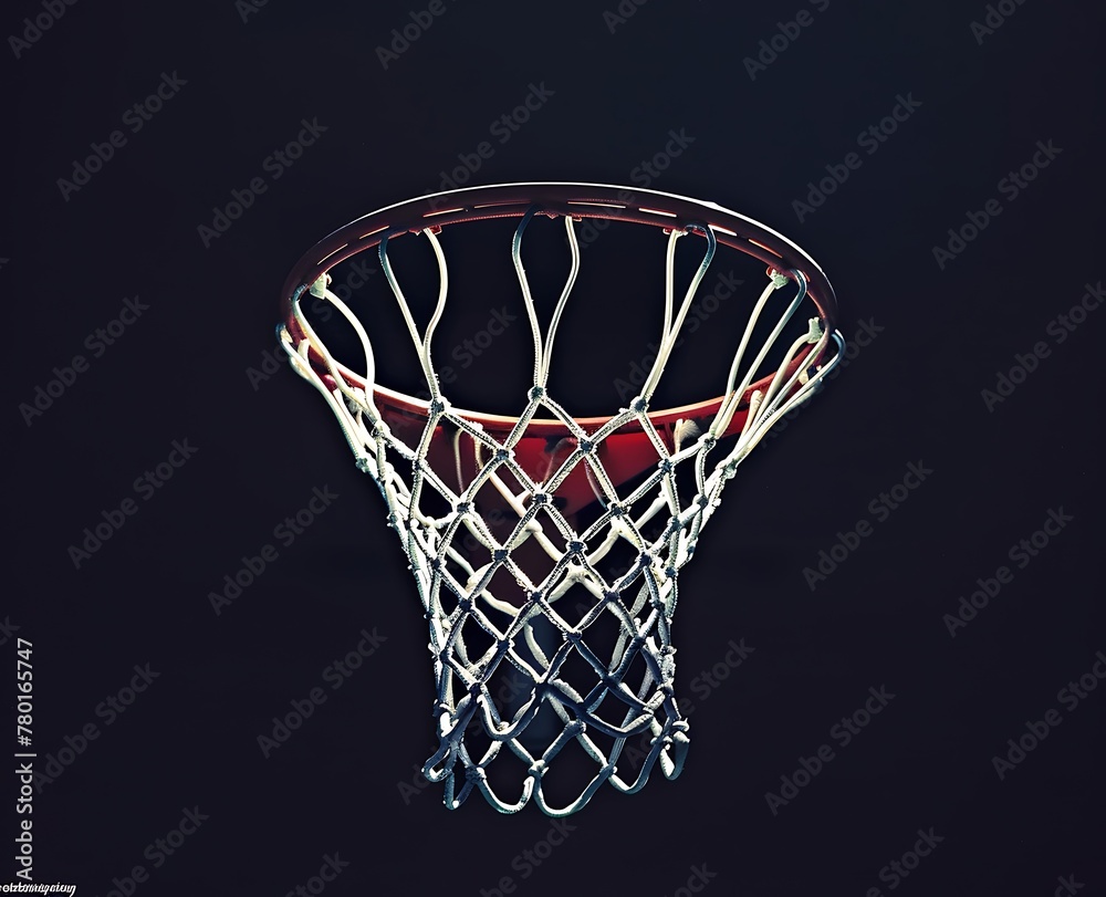 A basketball hoop with a white net on a black background stock photo
