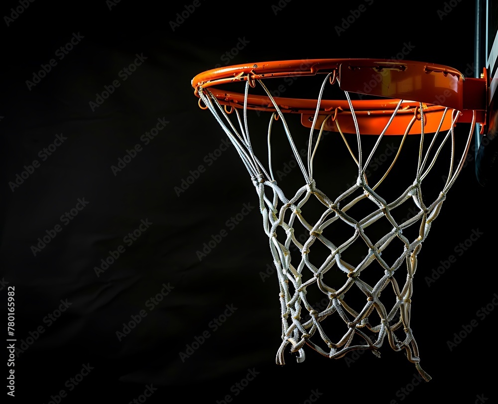 A basketball hoop with a white net and orange rim on a black background
