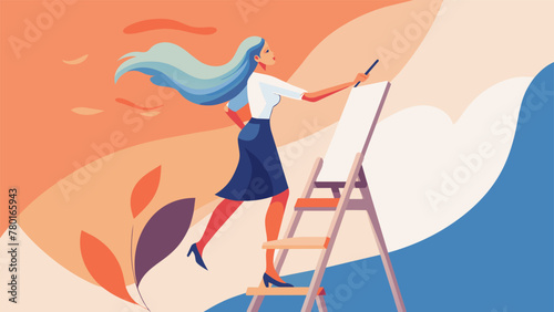 The woman stands on a ladder her long hair cascading around her as she reaches up to add finishing touches to the top of the painting. The