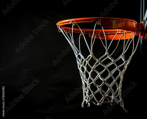 A basketball hoop with a white net and orange rim on a black background © Noor