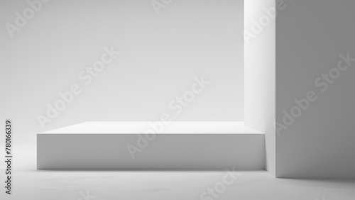 White podium table on white background. 3d geometrical forms walls with spotlight for design, Abstract white background product display, light and shadows. Bright copy space mock up table © Hanna