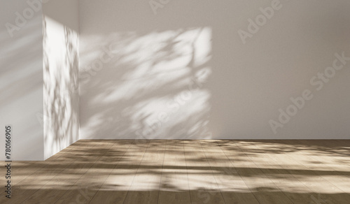 Wooden floor and white plaster wall studio room background with cozy sunlight from window and leafs summer shadows, parquet floor and white wall, interior living room design empty place space room