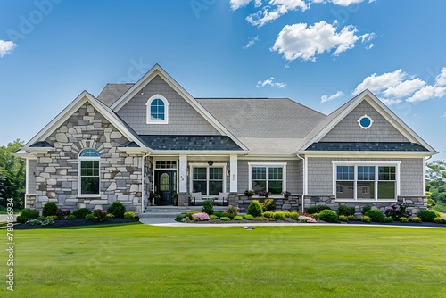 A beautiful grey stone and brick home with white trim