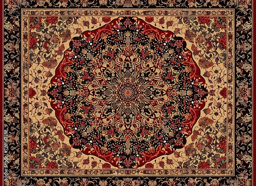 A beautiful Persian carpet design with red and dark colors