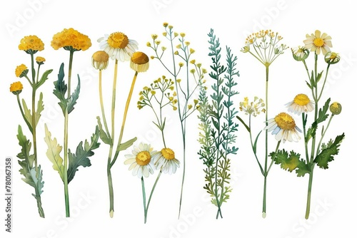 Botanical illustration of medicinal wildflowers, watercolor yellow tansy clipart set